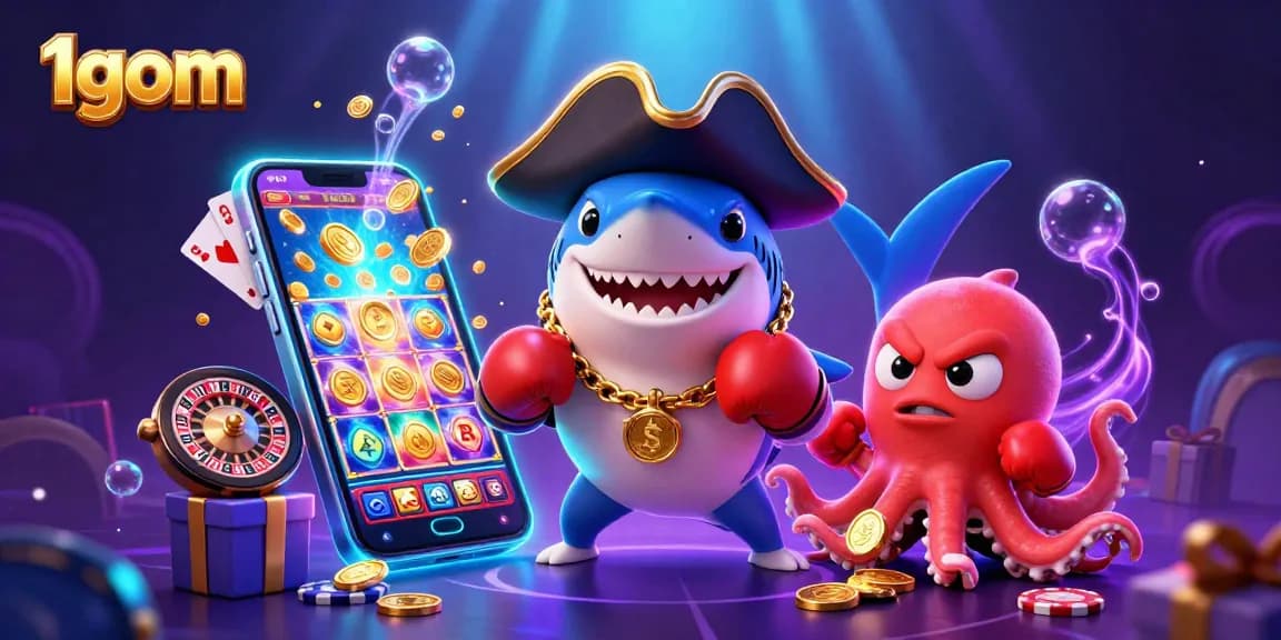 Experience thrilling gambling action with 1gom as pirate shark, pufferfish, and octopus celebrate rich rewards.
