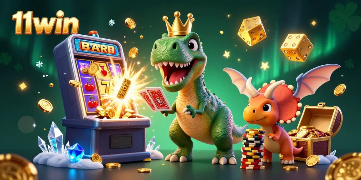 Experience excitement with 11win's vibrant casino scene featuring a T-Rex, pterodactyl, and triceratops!