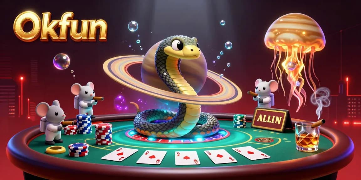 Experience the thrill of betting on Okfun, with a dynamic cosmic casino scene featuring colorful poker elements.