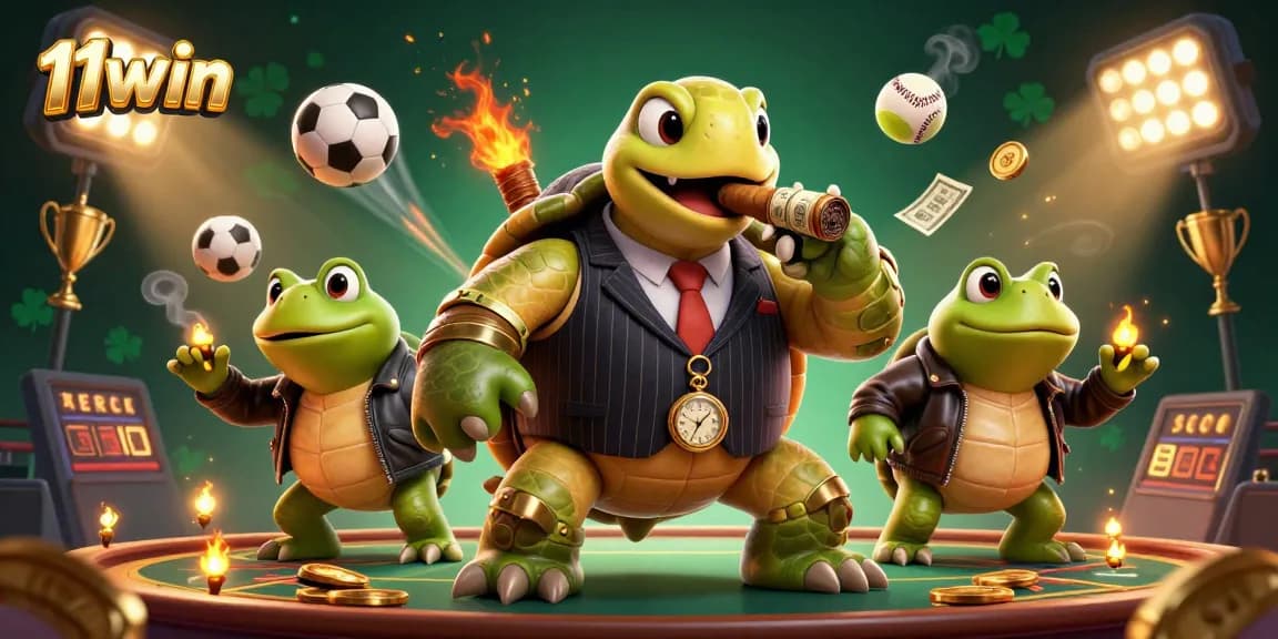 Engage in thrilling gameplay as 11win showcases a cartoon turtle mobster and sports elements.