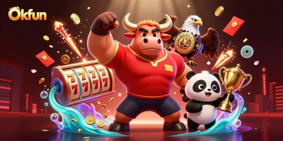 Engage with Okfun's vibrant casino experience featuring slots, a muscular mascot, and festive elements.