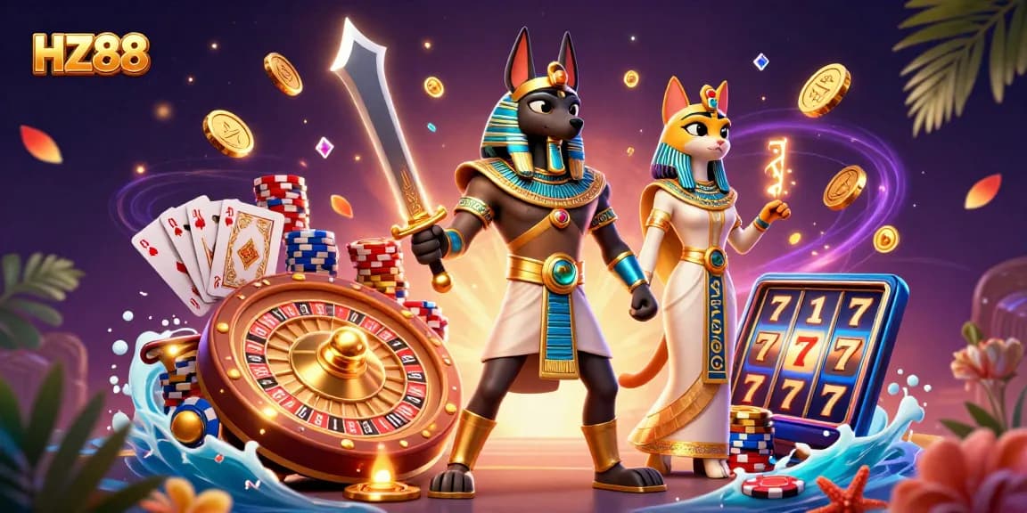 Experience thrilling gameplay at HZ88 with Anubis and Bastet amidst dazzling casino elements.