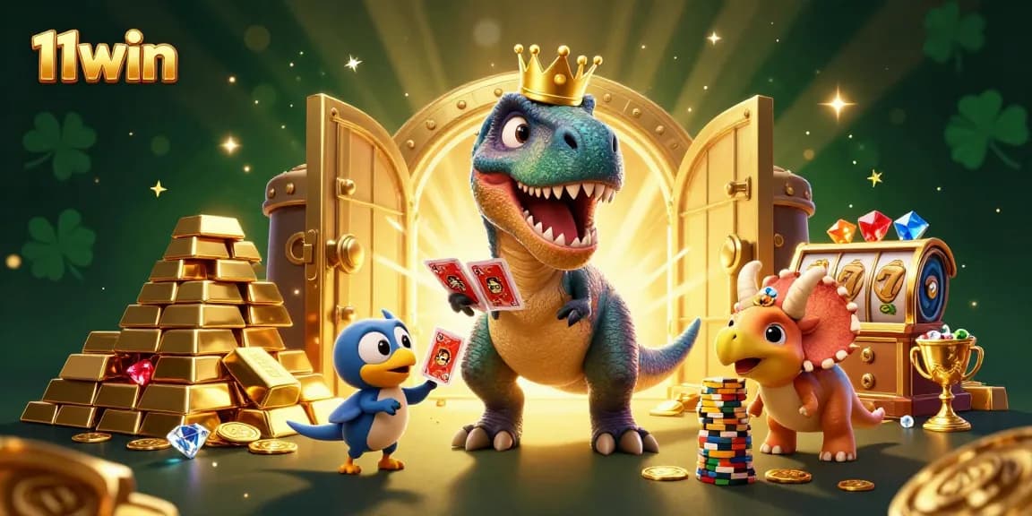 Engage with the thrill of 11win's gaming scene featuring T-Rex and friends in a casino.