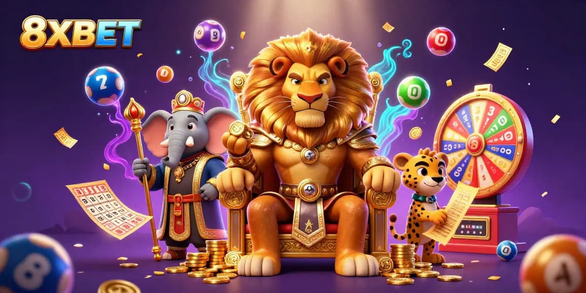Experience thrilling gameplay at 8XBET with exciting visual elements like animated lottery balls and prize wheels.