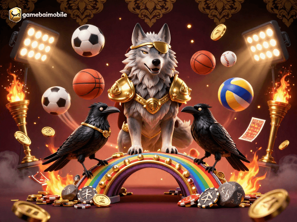 Experience gaming adventure with gamebaimobile's dynamic casino scene featuring Norse characters and sports elements.