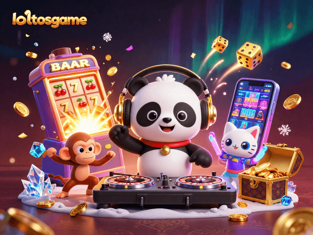 Experience the excitement of lotosgame with a vibrant DJ panda, breakdancing monkey, and glow-stick kitten in a festive casino scene.