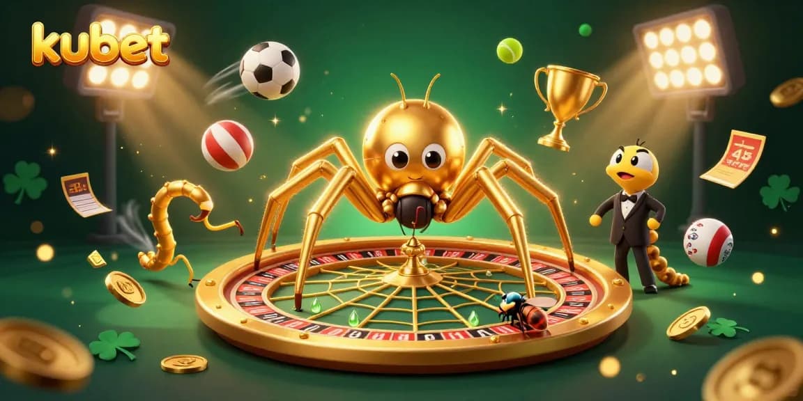 An immersive kubet illustration featuring a golden spider and a centipede croupier in an action-filled casino scene.