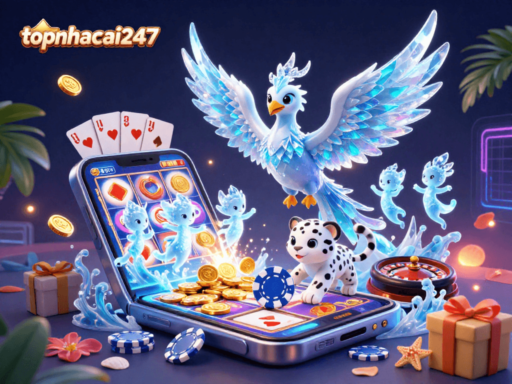Experience the excitement of games at topnhacai247 with vibrant illustrations showcasing casino elements and ice-themed characters in action.