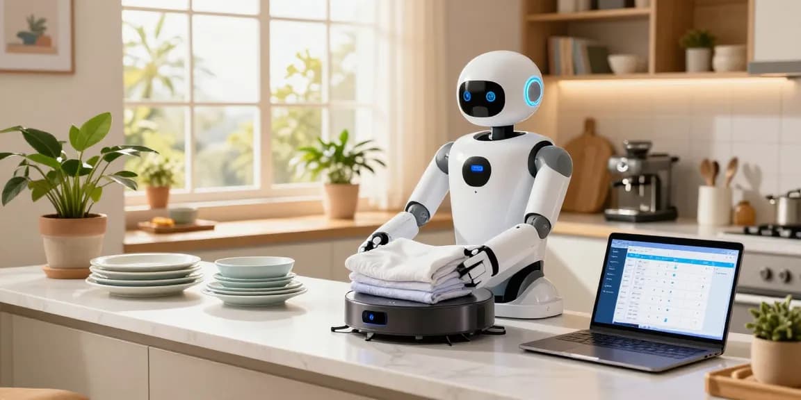 Home robot efficiently folding laundry in a modern kitchen, showcasing smart home integration.