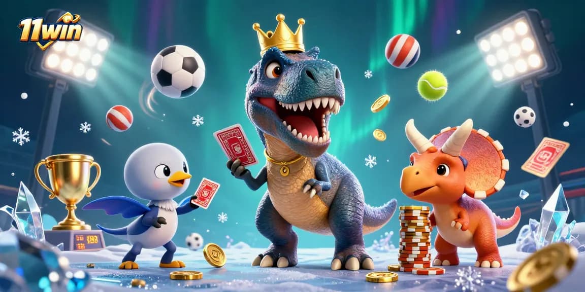 Experience thrilling action with 11win as playful dinosaurs shuffle cards in a vibrant casino scene.
