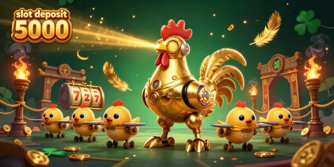 Engage with the slot deposit 5000 experience amidst vibrant golden elements and dramatic gaming visuals.
