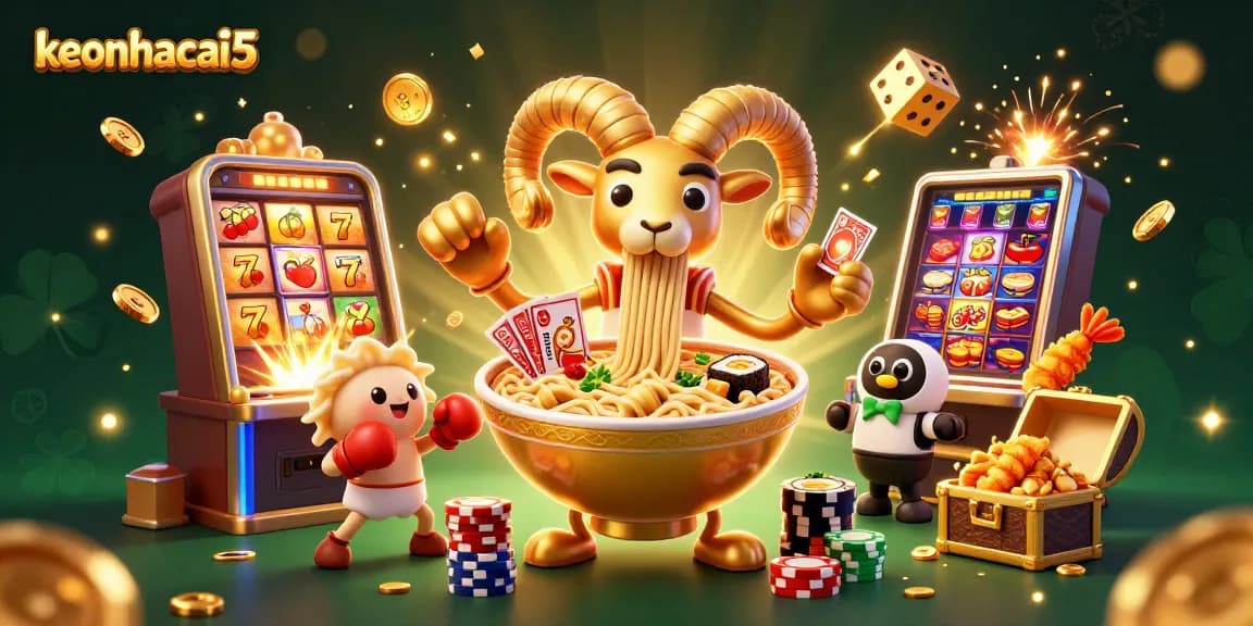 Engage with keonhacai5 through this vibrant cartoon scene featuring lively casino characters and exciting gaming elements.