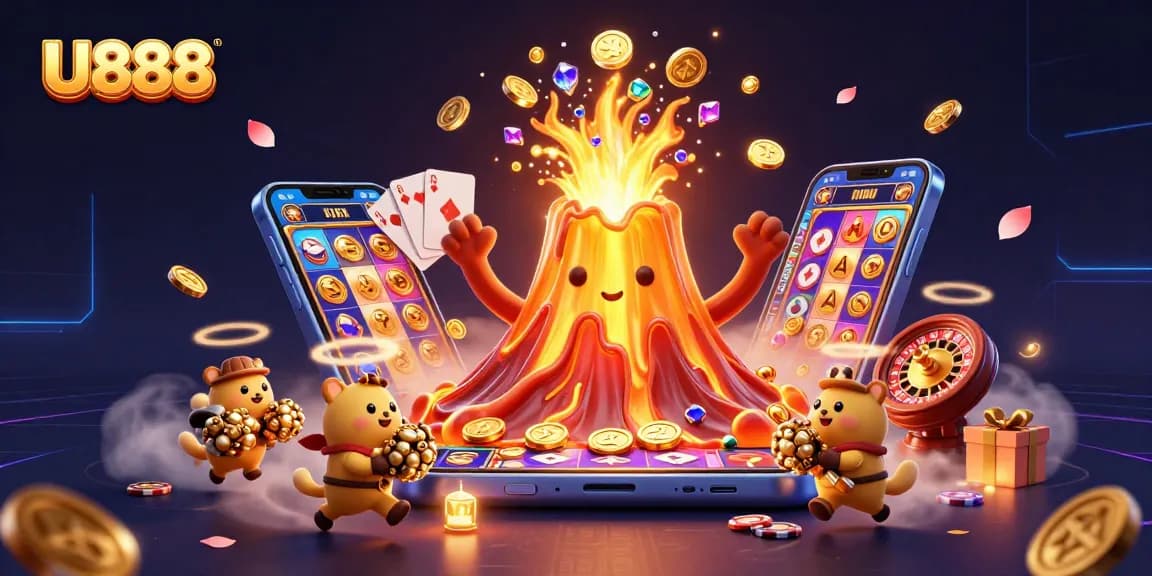 Experience U888's thrilling treasure eruption as golden coins burst forth from a cartoon volcano in a vibrant gaming scene.