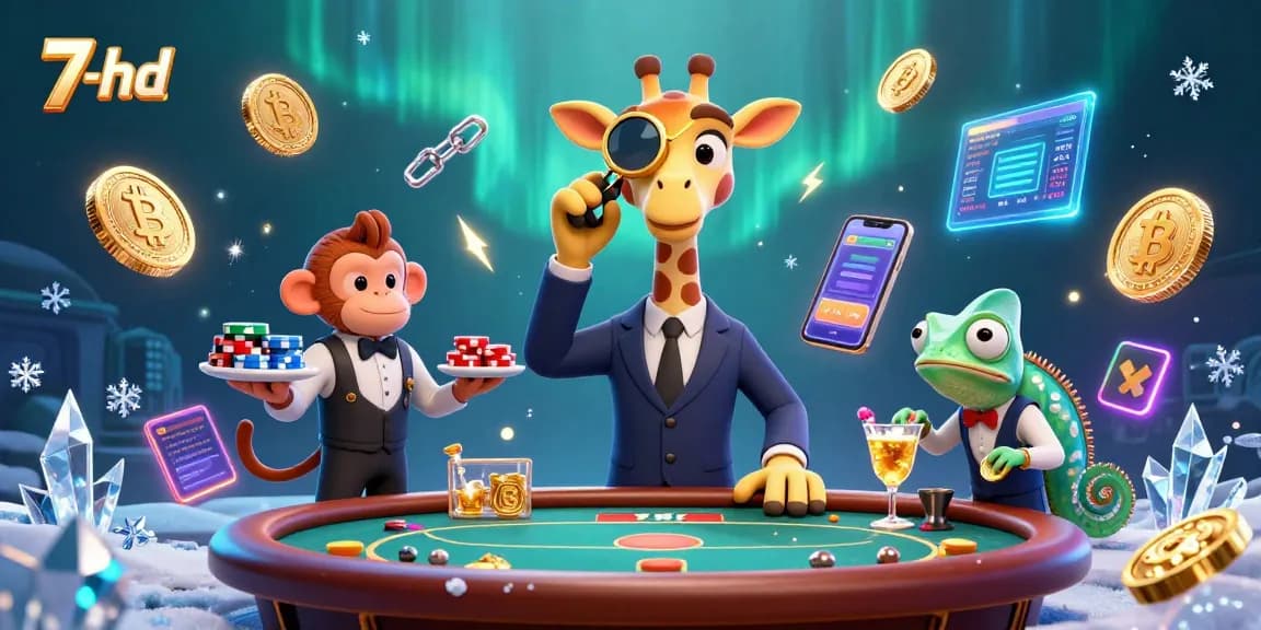 Engage with 7-hd's vibrant online casino scene featuring a high-roller giraffe at a poker table, surrounded by glowing cryptocurrencies.
