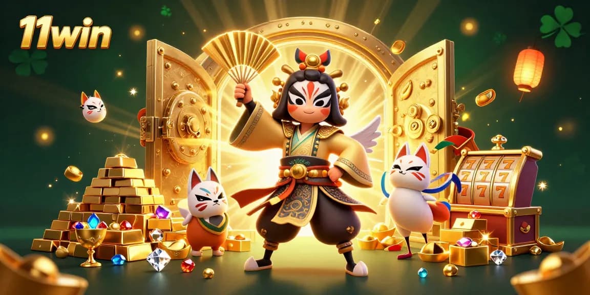 Experience excitement at 11win with an illustration filled with treasures, slots, and mystical characters.