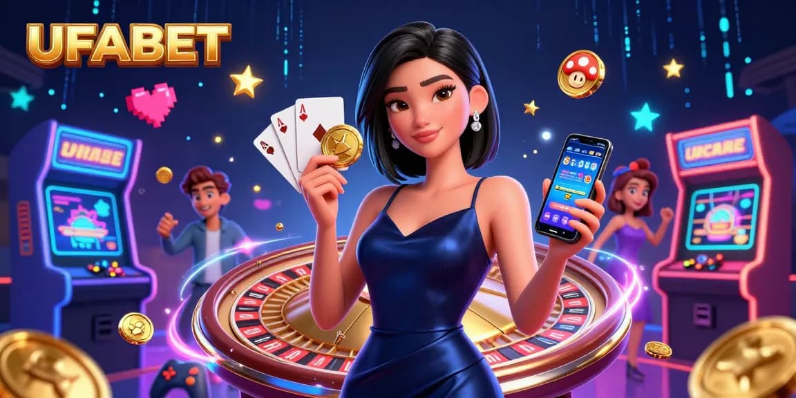 Experience luxurious gaming at UFABET with a stunning Asian woman holding a golden chip and smartphone in a vibrant casino scene.