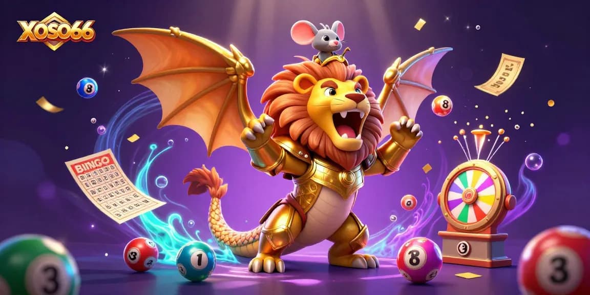 XOSO66 offers thrilling lottery games featuring vibrant colorful balls, jackpot excitement, and a majestic chimera.