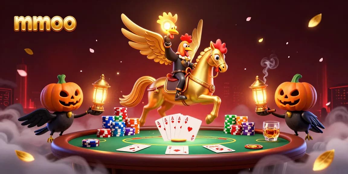 Winning big at MMOO's casino feels thrilling as the golden rooster rides through the night with poker elements.