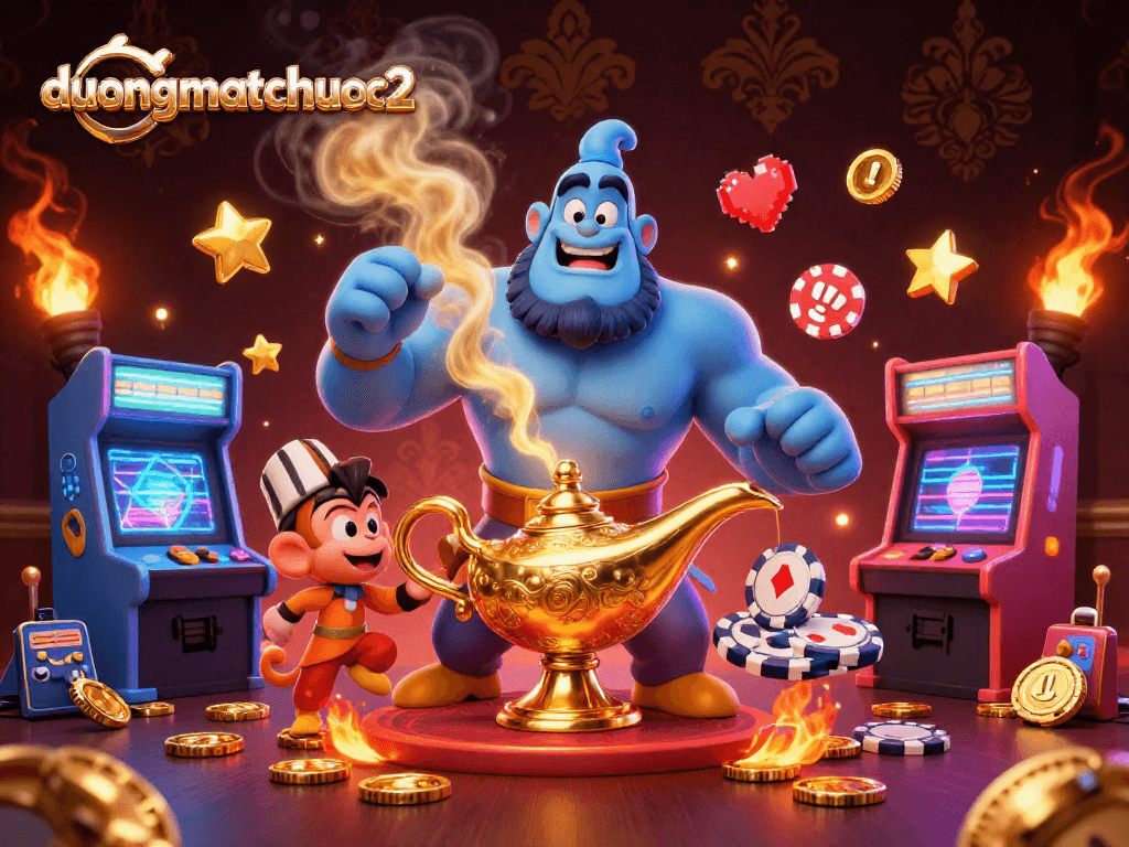 Engage in thrilling gameplay with duongmatchuoc2, featuring vibrant characters and casino elements in a lively set.