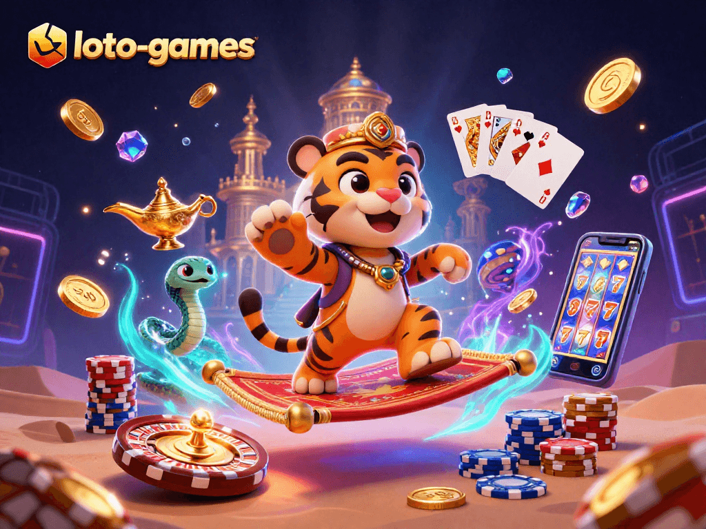 Loto-games features a lavish 3D scene with a tiger sultan, a genie snake, and vibrant casino elements, showcasing winning excitement.