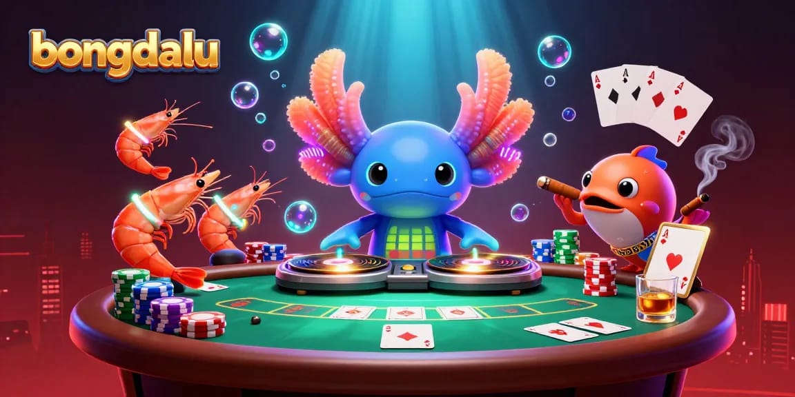 Experience thrilling action with bongdalu as a neon axolotl DJ spins vibrant melodies over a poker table.