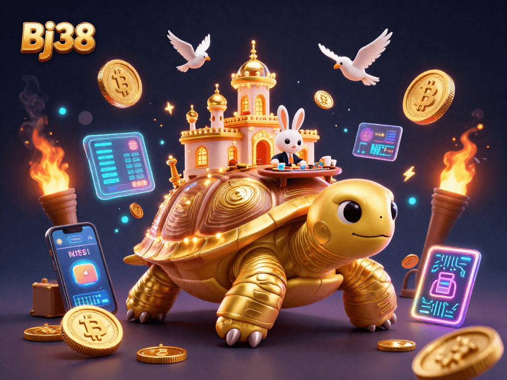 Bj38 invites players to enjoy a vibrant casino experience with a golden tortoise, rabbit dealer, and plenty of animated coins.