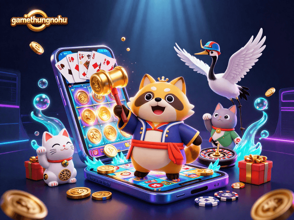 Engage in the vibrant world of gamethuongnohu with cheerful characters and dynamic casino game elements.
