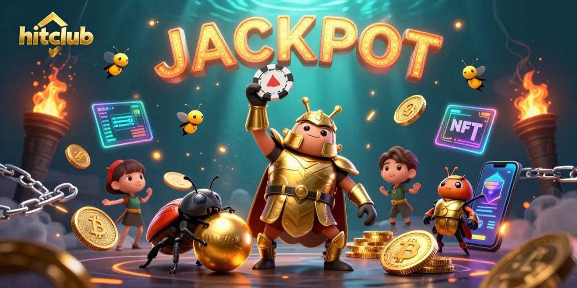 Hitclub's vibrant 3D illustration showcases a victorious beetle and crypto coins, emphasizing casino excitement.