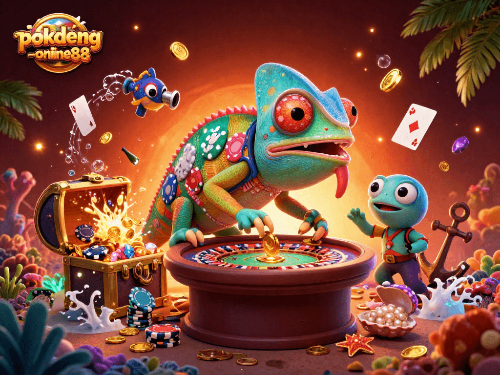 Engage in exciting gameplay at pokdeng-online88 with vibrant casino elements and a dynamic chameleon theme.