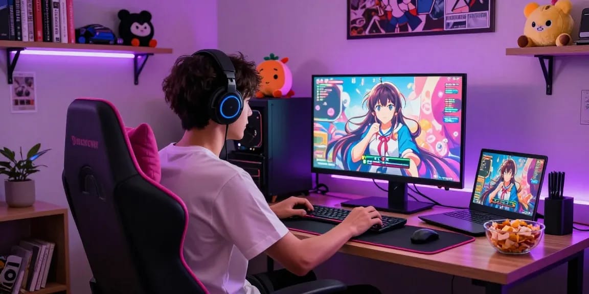 Player enjoying hentai games html on a cozy gaming setup with vibrant artwork and immersive ambiance.