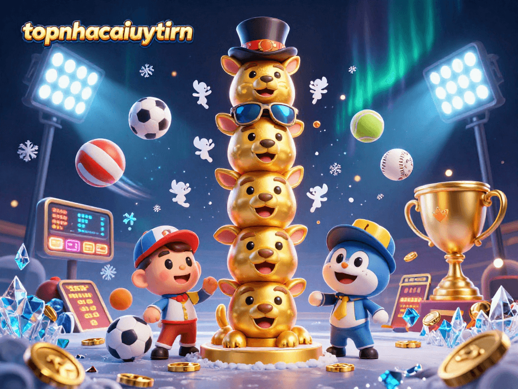 Betting with topnhacaiuytinn in an exciting 3D racing casino illustration filled with animated sports balls and vibrant elements.