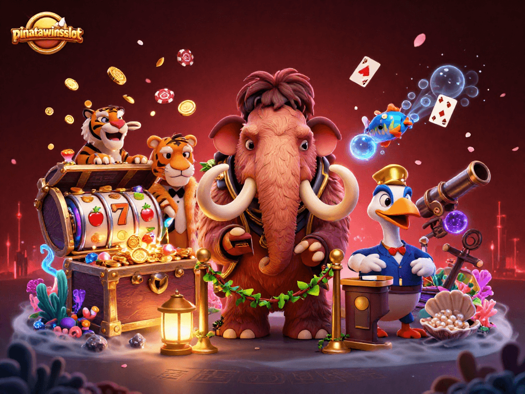 Engage with pinatawinsslot as the woolly mammoth checks IDs at the vibrant online casino entrance.
