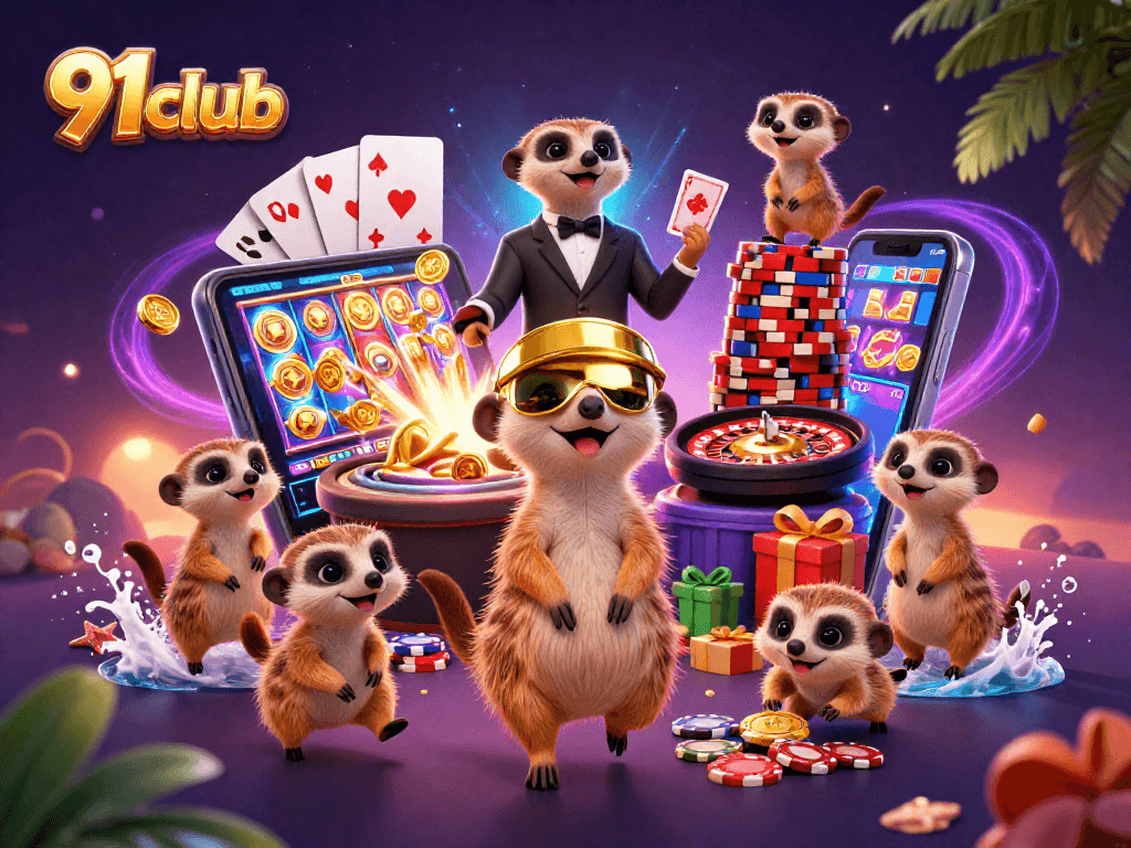 Engaging 3D cartoon representation of meerkats operating a lively casino, showcasing 91club's exciting gambling experience.