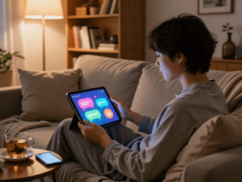Engaging in nsfw ai chat on a tablet in cozy apartment.