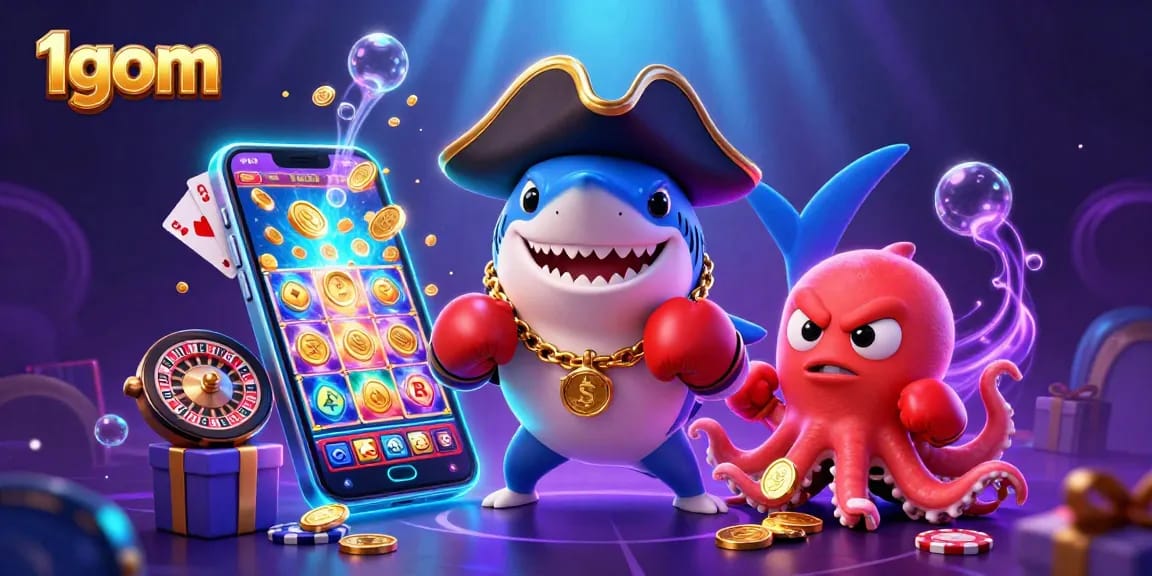 Experience thrilling gambling action with 1gom as pirate shark, pufferfish, and octopus celebrate rich rewards.