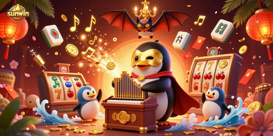 Engage with sunwin's thrilling slots experience as a phantom penguin plays music amid gold and excitement.