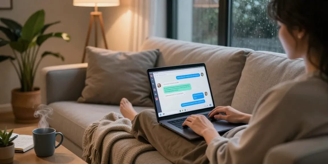 NSFW AI chat on a laptop in a cozy living room setting with warm lighting.