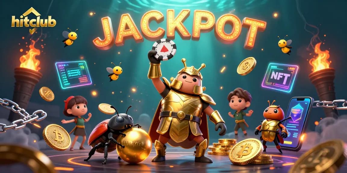 Hitclub's vibrant 3D illustration showcases a victorious beetle and crypto coins, emphasizing casino excitement.