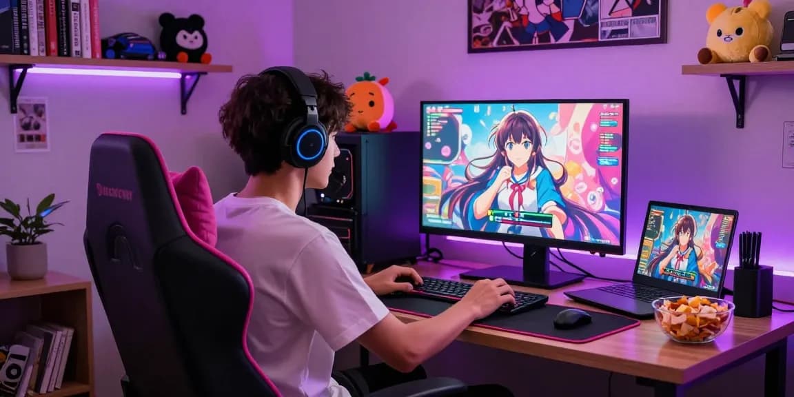 Player enjoying hentai games html on a cozy gaming setup with vibrant artwork and immersive ambiance.