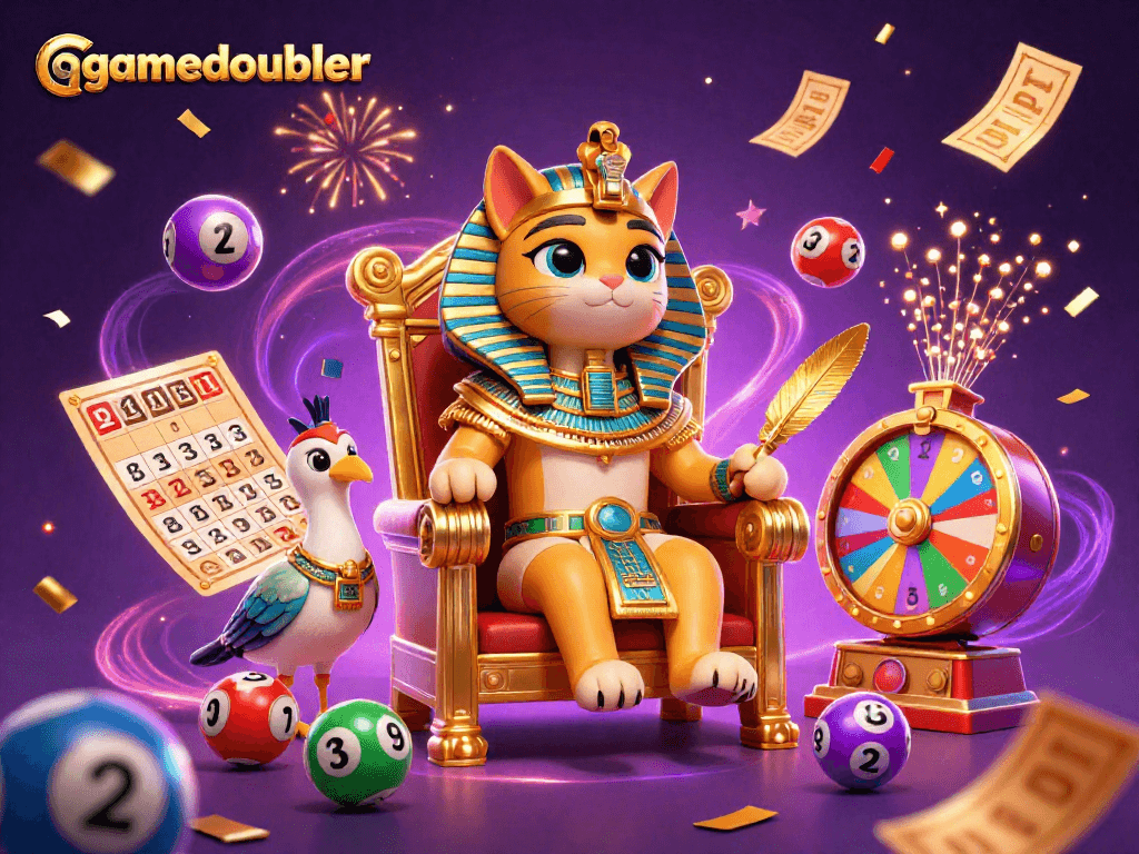 Experience thrilling fun at gamedoubler with a festive, vibrant lottery scene featuring a pharaoh cat and game elements.