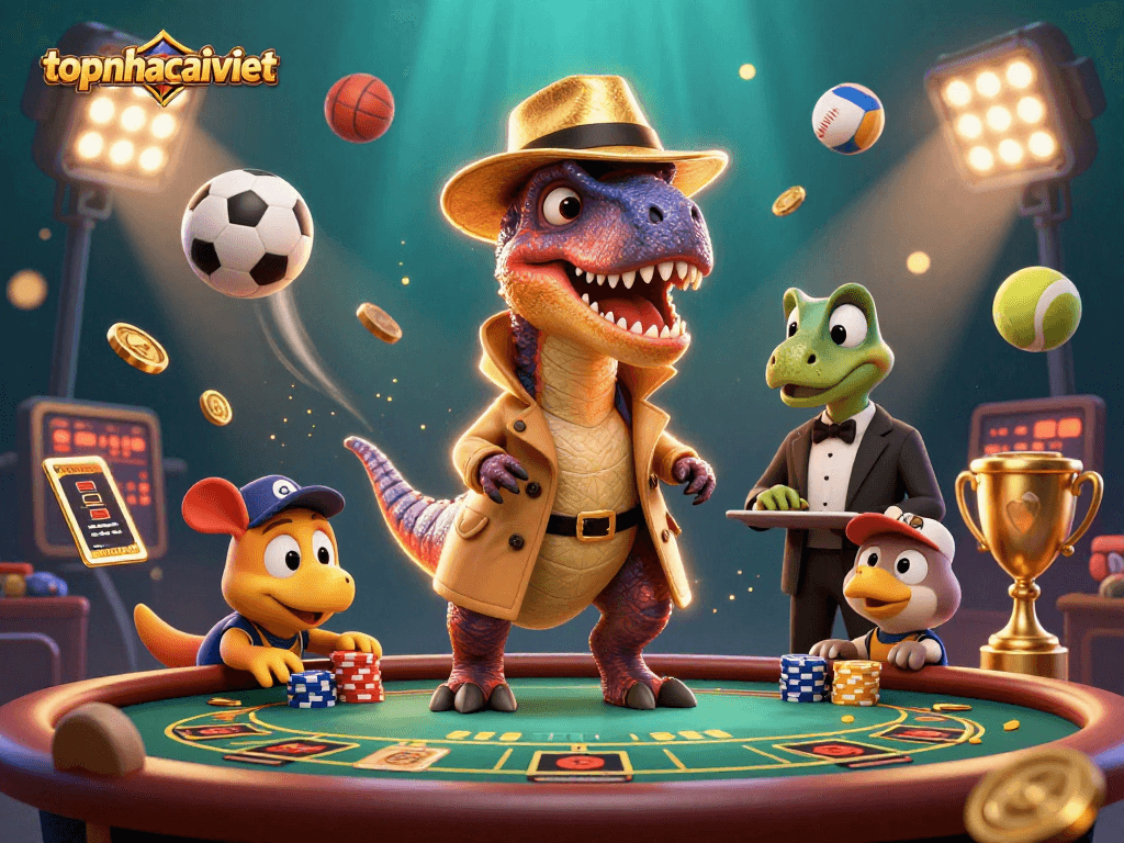 Experience intense gaming with topnhacaiviet featuring a velociraptor card counter at a lively casino.