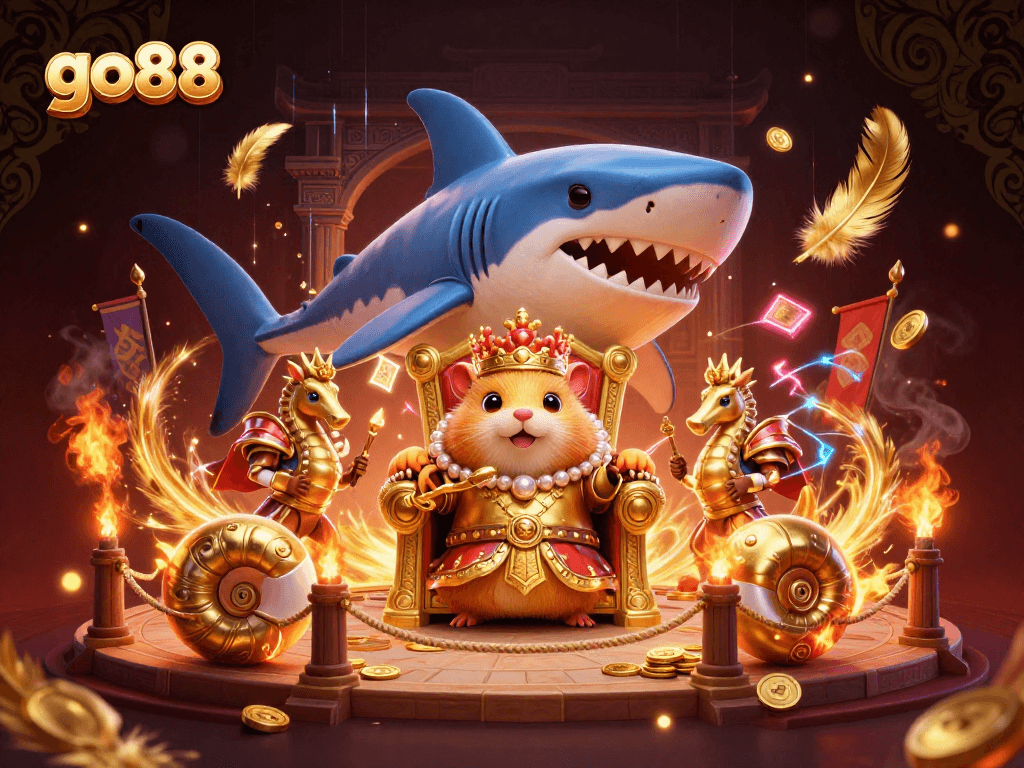 Experience go88's thrilling casino action with a golden hamster king ruling a vibrant gaming arena.