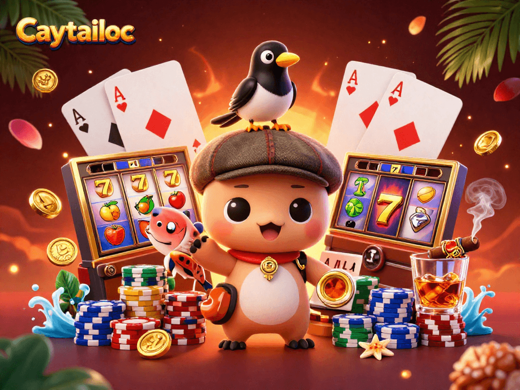 Caytailoc showcases vibrant slot reels and cartoon characters in an exciting casino scene.