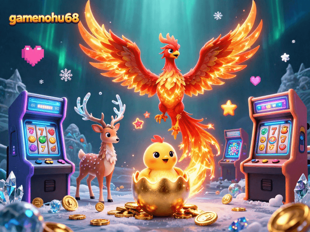 Experience the vibrant world of gaming with gamenohu68, featuring a phoenix and casino elements.