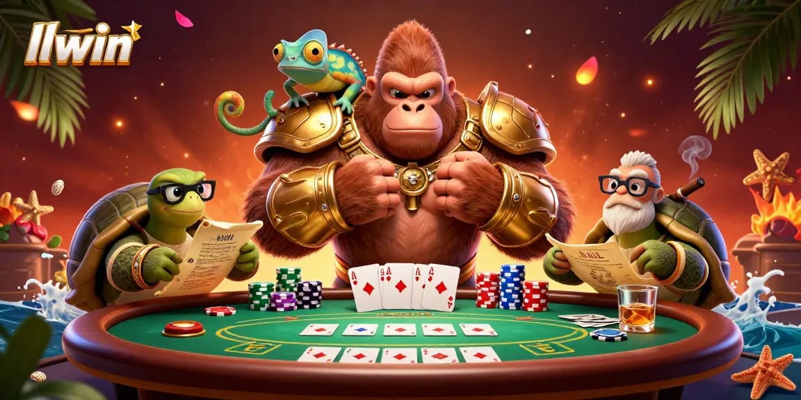 llwin casino gaming scene with powerful characters and rich poker elements in vibrant colors