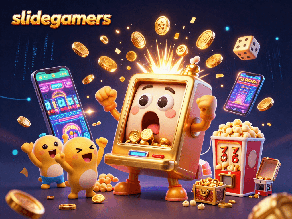Slidegamers' vibrant 3D scene depicts a slot machine hitting a jackpot, surrounded by joyful characters and casino symbols.