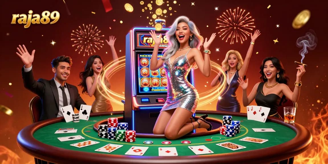 Experience excitement with raja89 as a glamorous woman celebrates a jackpot win surrounded by casino elements.