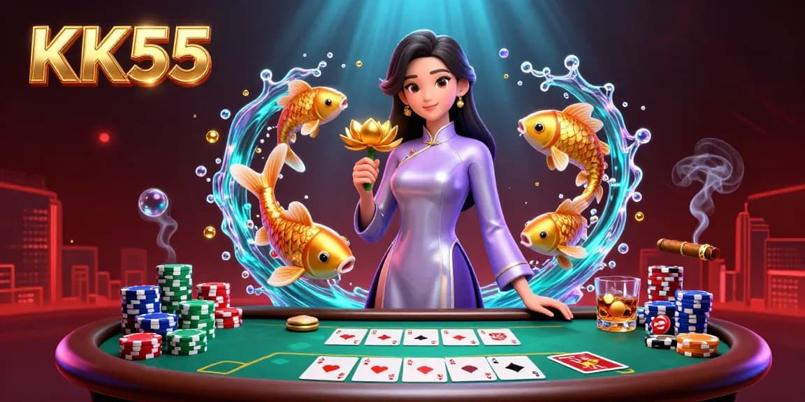 Engaging KK55 casino illustration featuring a serene Asian woman and playful koi fish, set against a rich gaming backdrop.