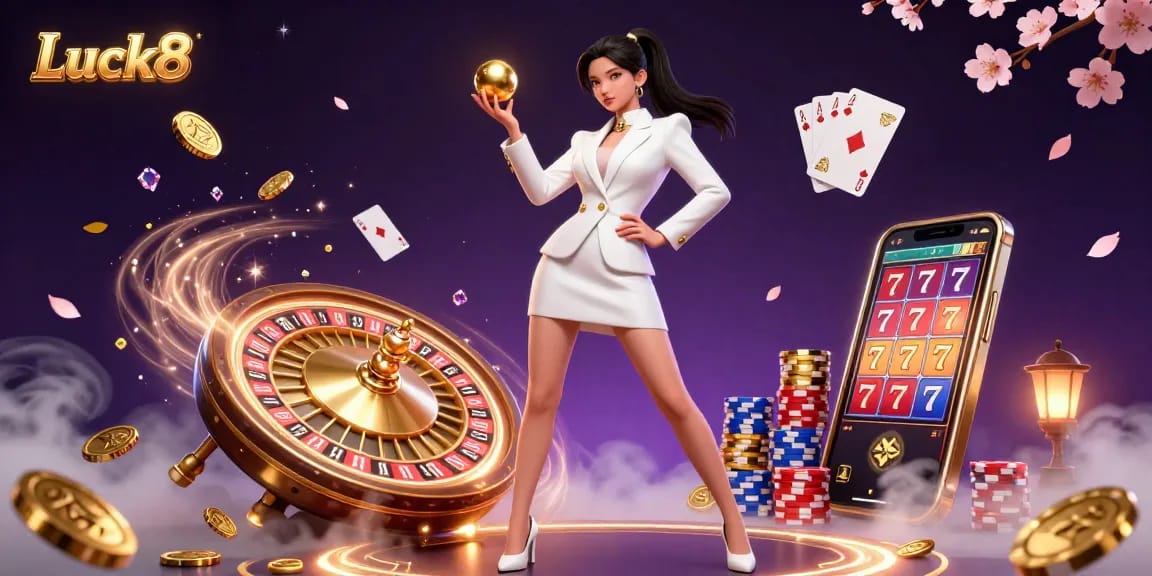 Experience the excitement of Luck8 with stunning visuals of casino elements, vibrant colors, and dynamic gameplay.