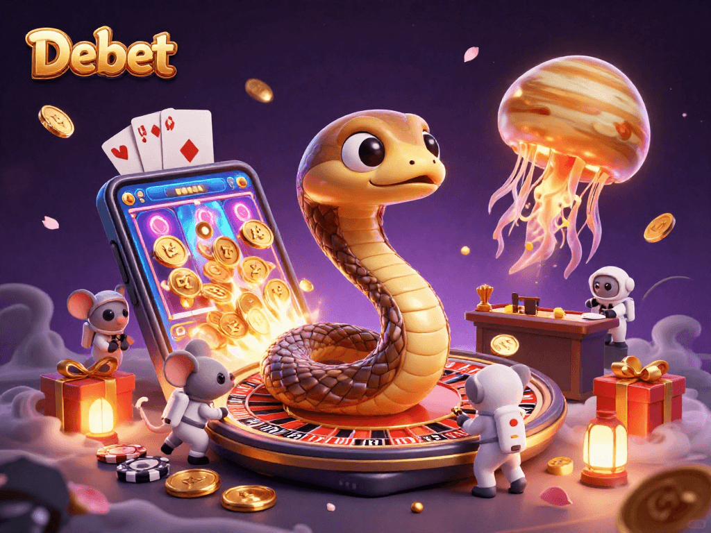 Experience the thrill of betting at Debet with vibrant characters and casino elements in a cosmic setting.